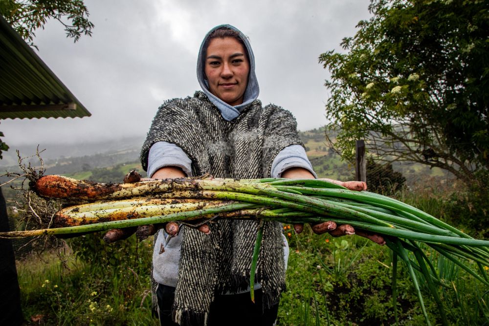 Imagen relacionada con una mujer productora rural que muestra su cosecha de cebolla
