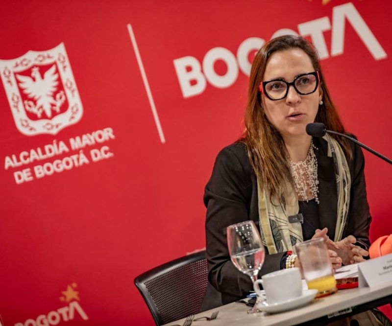 Imagen relacionada con la secretaria de Desarrollo Económico, MAría del Pilar López, con un fondo rojo detrás