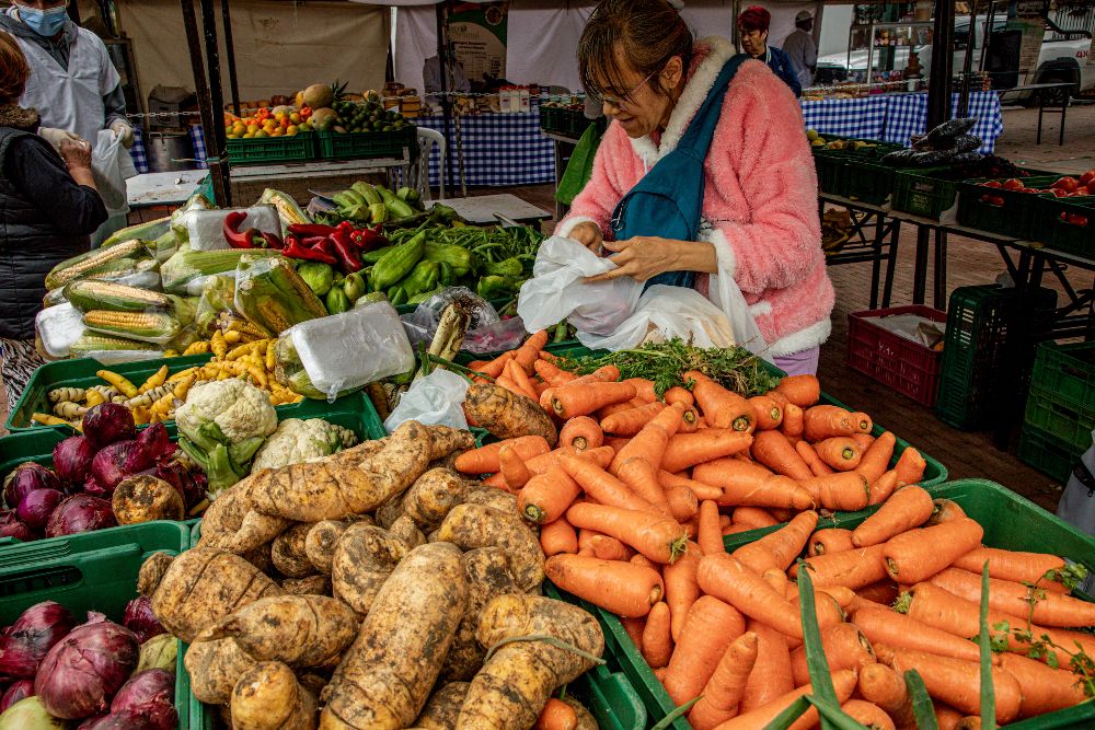 Imagen relacionada con una mujer que compra productos en un mercado campesino