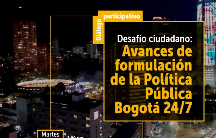 Imagen compuesta con edificios emblemáticos de Bogotá, con luces, y en un ambiente nocturno