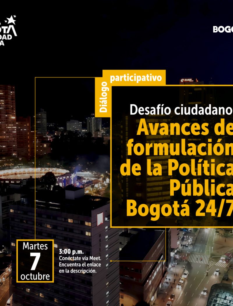 Imagen compuesta con edificios emblemáticos de Bogotá, con luces, y en un ambiente nocturno